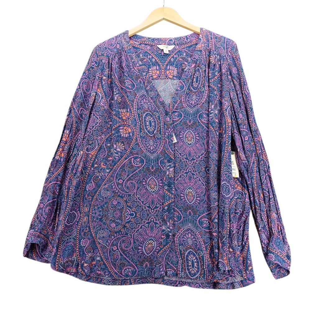 Terra & Sky Women's 0X 14W Blouse Paisley Boho Long Sleeve V-Neck Button Front T - Picture 2 of 9